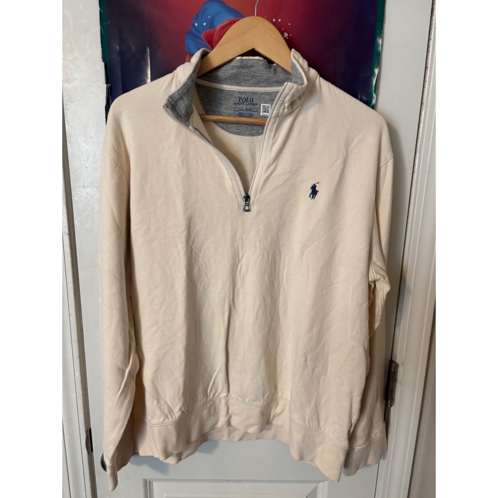 Polo Ralph Lauren Mens Cream Quarter Zip Pullover Sweatshirt Large Navy Pony